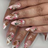 HYC-DY-904 Uñas Postizas de Navidad con Diseño de Árbol de Jengibre, Forma de Almendra, Reutilizables, Cobertura Completa, 24 Piezas
