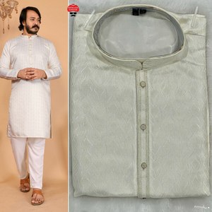 Ensemble Kurta pour homme en tissu mélangé de coton de haute qualité / Il présente un col montant, parfait pour les mariages, les réceptions, les fêtes - Product Image 2