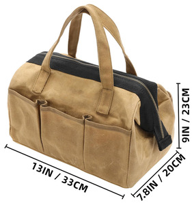 Oem/ODM công suất lớn tùy chỉnh sáp vải công cụ Tote 13 "kaki rộng miệng tổ chức với dây kéo bằng đồng & 10 túi - Product Image 2