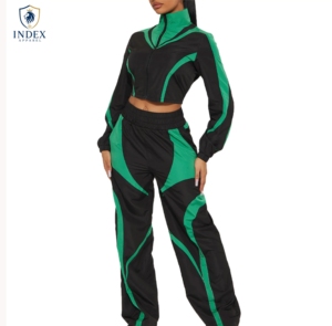 INDEX APPAREL Women's <b>Black</b> Green Color Blocking Tracksuit Full Sleeve <b>Turtleneck</b> Zipper Loose Fit Sporty Spring Polyester Side - Product Image 1