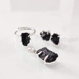 Ensemble de bijoux pour femmes, tourmaline noire naturelle, pierre de naissance d'octobre, bague ajustable, fait à la main, en argent sterling 925 - Product Image 5