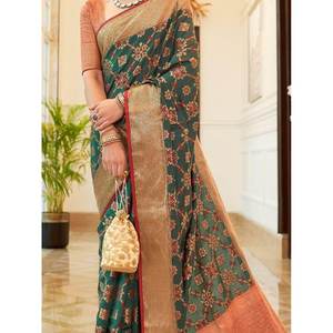 Sari en soie tissée vert sarcelle exceptionnel, élégant pour les mariages - Product Image 1