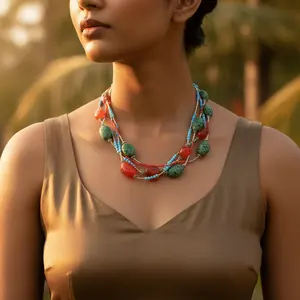 Collar Chapado en Oro de Múltiples Hilos con Piedras Preciosas de Cornalina y Turquesa Azul, Estilo Religioso Moderno con Piedra Principal de Diamante - Product Image 1