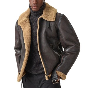 Vestes en cuir pour hommes authentiques, en peau de mouton véritable vieillie, doublure en sherpa, fausse fourrure, tricot côtelé élégant, douces, avec ceinture, style aviateur B3, bombardier - Product Image 5