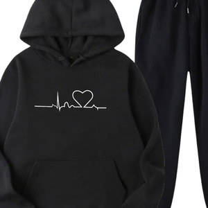 Ensemble de survêtement à capuche imprimé avec motif de battement de cœur pour femmes, jogging en polaire, ensemble noir décontracté, streetwear, hiver, chaud, respirant, coupe-vent - Product Image 2