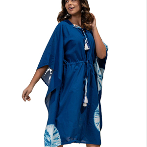 Femmes personnalisé en gros Maxi robe col en V caftan main cravate teinture impression genou longueur décontracté vêtements de plage tissu tissé naturel lavable - Product Image 1