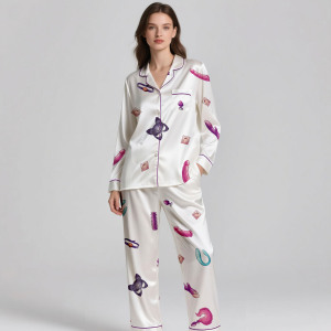 Set piyama sutra Satin kustom untuk wanita, pakaian santai mewah bersirkulasi udara musim semi musim panas, pabrik piyama sutra - Product Image 5