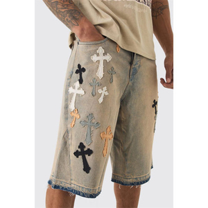 Shorts Vaqueros Transpirables con Bordado, Lavados, Personalizados, Estilo Urbano para Hombre, Cintura Media, Corte Recto Oscuro, para Verano - Product Image 5