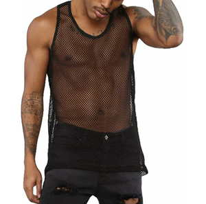 Camisetas de Tirantes Deportivas Casuales Personalizadas para Hombre, Ajustadas, Rectas, de Malla, Transpirables, de Color Negro Sólido, 100% Algodón - Product Image 1