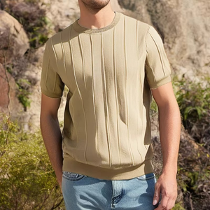 New Fashion Mens Solid Color Slim T Shirts Knitted Short Sleeve O Neck <b>Jumper</b> Top Men Summer Trendy Striped Crochet Knit T-shirt - Product Image 3
