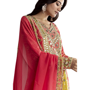 Großhandel Bright Coral Pink Leder <span class=keywords><strong>Patch</strong></span> <span class=keywords><strong>Kurta</strong></span> Sharara mit Organza Dupatta für festliche Party tragen Hochzeits empfang - Product Image 3