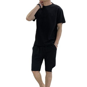 Extérieur grande taille hommes logo personnalisé fait Sport vêtements costume été couleur unie homme deux pièces vêtements coton T-shirt ensembles courts - Product Image 4