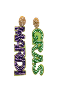 Boucles d'oreilles créoles brodées pour femme, en perles de verre, motif Mardi Gras, violet, jaune et vert, tendance - Product Image 2