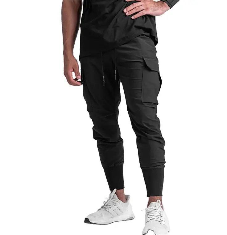 Private Label Katoenen Broek Met Rechte Pijpen Baggy Black Cargo Broek Wijde Pijpen Joggingbroek Mannen Cargo Broek Multi Zakken Black Dye