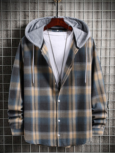 Automne hommes chemise à carreaux à capuche à manches longues ample sweat à capuche décontracté haut nouvelle mode tendance chemises sweat hommes vêtements Streetwear - Product Image 4