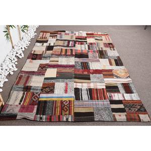 Alfombra turca Vintage moderna de 5,1x7,5 pies, beige clásico con diseño de retazos hecho a mano con respaldo de látex de piel de conejo sintética de lana - Product Image 4