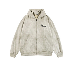 Sudadera con Capucha Extra Grande, Lisa, Personalizable con Bordado, Estilo Urbano, de Felpa, Lavada al Ácido, Desgastada, con Cierre - Product Image 4