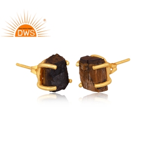Último diseño 18K chapado en oro amarillo natural Ojo de Tigre piedra preciosa Stud pendiente Demi joyería fina fabricante - Product Image 3