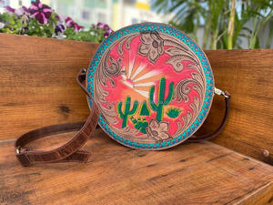 Nouveau Western main usiné en cuir cantine sac à main élégant Cowgirl et Cactus rond sacs à bandoulière sacs en cuir véritable pour femmes - Product Image 2