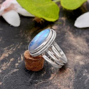 แหวนออกแบบสีเงินสเตอร์ลิงทำด้วยมือ925อย่างดีที่สุดพร้อมสแตมป์925มูนสโตนไฟสีฟ้าธรรมชาติสำหรับงานแต่งงาน - Product Image 3