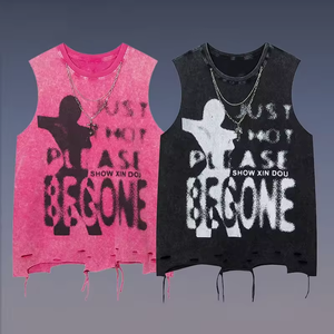 High Street Wash Cut Vest Wholesales Graphic Men Sleeveless <b>Tshirt</b> 100% Cotton Sport Gym Acid Tank Top - Product Image 1
