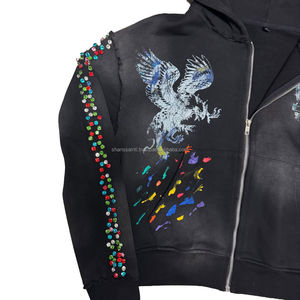 500g DTG impression sweat à capuche surdimensionné pour hommes avec fermeture à glissière à rivets personnalisée et strass de lavage à l'acide sweat à capuche pour hommes - Product Image 3