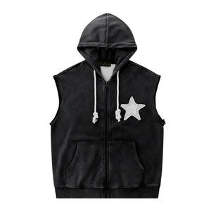 Manufacturer Custom Vintage Distressed Embroidery Patch Men Zip Up Hoodie <b>Removable</b> Sleeve Hoodie New Style Zipper Hoodie - Product Image 3