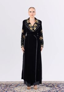 2025 Autumn/Winter New <b>Women's</b> Solid Woven Long Windbreaker Knee Style <b>Velvet</b> Coat Single Button Anti-Wrinkle Beaded Embroidery - Product Image 3