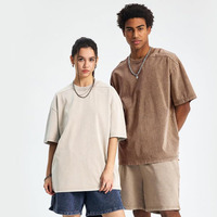 T-shirt décontracté vintage à col rond et manches courtes pour homme, coupe oversize, délavé et vieilli, 300 grammes, 100 % coton, couleur unie, anti-plis, style urbain
