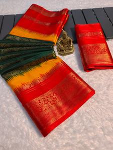 ผ้าซารีราซีอา แจ็คการ์ด ทอลายแจ็คการ์ดทั้งผืน ขอบและพาลลูสีทอง ผลิตในอินเดียสำหรับผู้หญิง - Product Image 3