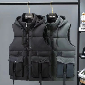 Chaleco acolchado grueso para exterior con logotipo personalizado para hombre, chaqueta de invierno con bolsillo y cremallera y cuello levantado, chaleco acolchado negro para hombre - Product Image 5