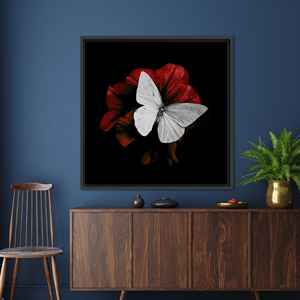 Art mural sur verre avec motif de papillon sur fleur rouge : toile imprimée, toile encadrée noire - Product Image 1