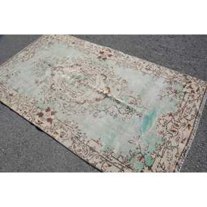Alfombra Turca Vintage, Alfombra de Lana a Cuadros Beige de 4.5x8.2 pies - Product Image 4
