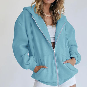 Sweat à capuche zippé décontracté pour femme, coupe ajustée, confortable, bleu bébé, respirant, cordon de serrage, 100% coton polaire, sweat à capuche zippé d'hiver - Product Image 4