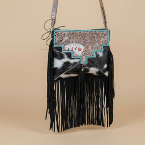 Bolso Bandolera de Cuero Vacuno Turquesa con Flecos y Grabado Artesanal, Estilo Vaquero Occidental - Product Image 1