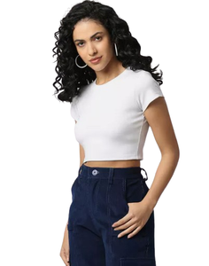 Crop Top Boxy Camisetas para mujer Medias mangas con cuello redondo Diseño Color sólido 100% Algodón Hecho Verano Cuello redondo Camisetas orgánicas - Product Image 3