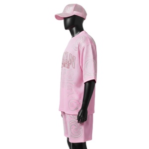 men's <b>set</b> Premium Polyester Mesh Men Short <b>Set</b> GSM Breathable Pink Sportswear Rhinestone Heat Transfer Custom Logo - Product Image 3