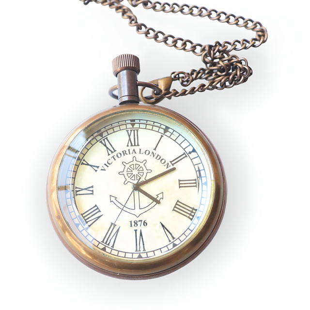 Vintage brass pocket watch clock with a chain, featuring a nautical collector's showpiece brass pendant.