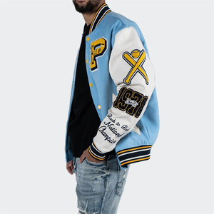 Wholesale Lightweight Wool <b>Baseball</b> <b>Jacket</b> <b>Men</b> Casual Button Bomber Cotton Embroidered Windbreaker Varsity Letterman <b>Men's</b> - Product Image 6