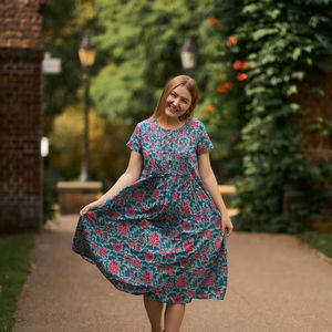 Hand Block Printed Rosabella Dress Boho Cotton Floral Grey Blue Rose Casual Occasion Dress - Product Image 1