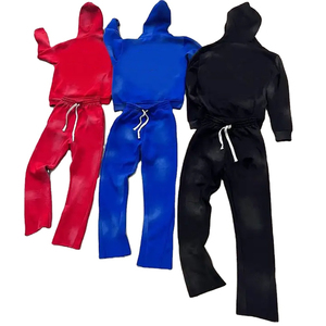 2025 Custom Acid Wash Flared Tracksuits Zip up Straight Leg Distress Sweat Suit Hoodies and <b>Sweatpants</b> <b>Sets</b> Men High Quality - Product Image 1