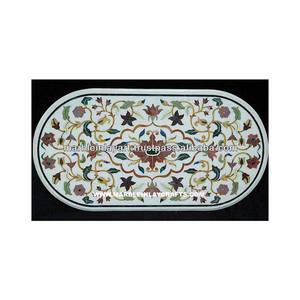 Table à manger ovale en marbre blanc pur avec incrustations antiques, design élégant pour la maison, salon - Product Image 1