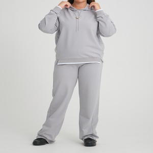 Ensemble de survêtement décontracté à capuche pour femmes grande taille, hiver, gris, mélange polyester/coton, respirant, taille élastique, technique lavée - Product Image 3