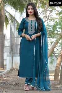 Indian Nad Pakistani Style Trendy Rayon Slub with Neck Heavy Embroidery and Pent with Dupatta Kurtis Set for <b>Women</b> Casual Wear - Product Image 4