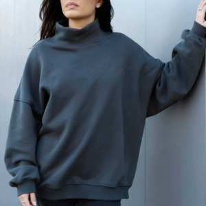 Custom Logo Women's 100% Organic Soft Cotton French Sweatshirt Drop Shoulder <b>Mock</b> <b>Neck</b> Long Sleeve Casual Pullover <b>Tops</b> Ladies - Product Image 3