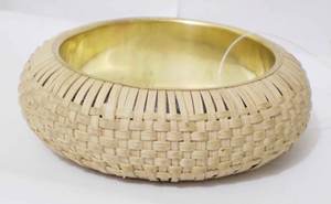 Luxury <b>Gold</b> Plated Copper <b>Bangle</b> For Women Unique Natural Woven Rattan Fiber Wrap Design Wide Dome <b>Solid</b> Metal Metal Crafts - Product Image 2