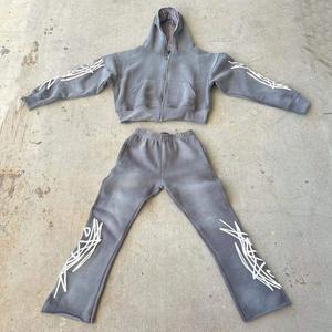 2026 personnalisé poids lourd bouffée impression hommes sweat à capuche zippé et pantalon de survêtement évasé survêtement ensemble 100% coton délavé à l'acide survêtements pour hommes - Product Image 5