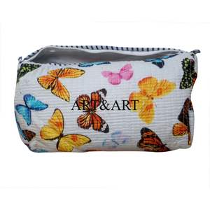 Meilleure collection de trousses de toilette écologiques matelassées avec fermeture éclair et pompon, ensemble de trois, imprimé floral élégant, en coton, pour le voyage et le maquillage - Product Image 5