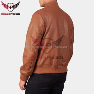 <b>Mens</b> Real Tan <b>Leather</b> Bomber <b>Jacket</b> Ribbed Collar Zipper Side Pockets Sheepskin Cognac Flight Coat Custom Brown Winter Outerwear - Product Image 5