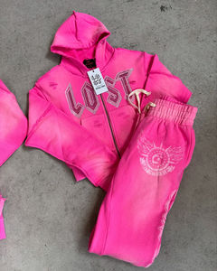 Survêtement avec broderie personnalisée, délavé à l'acide, avec fermeture à glissière, en coton éponge français 500 g/m², sweat à capuche et pantalon de survêtement évasé, survêtements pour hommes - Product Image 1